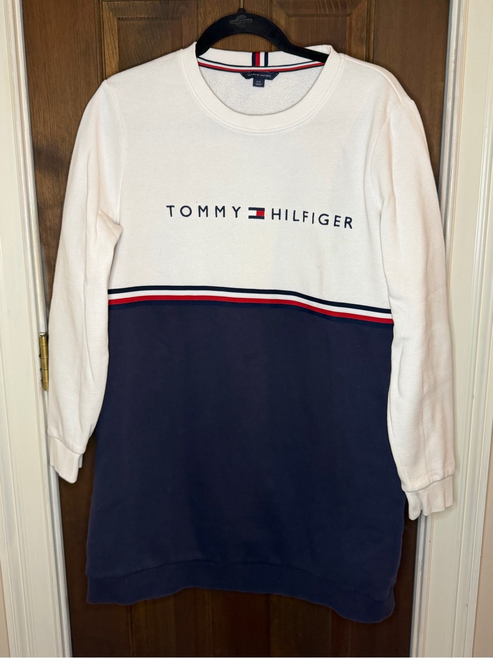Tommy Hilfiger Colorblock Sweatshirt Dress L White Navy Spellout Pullover Tunic